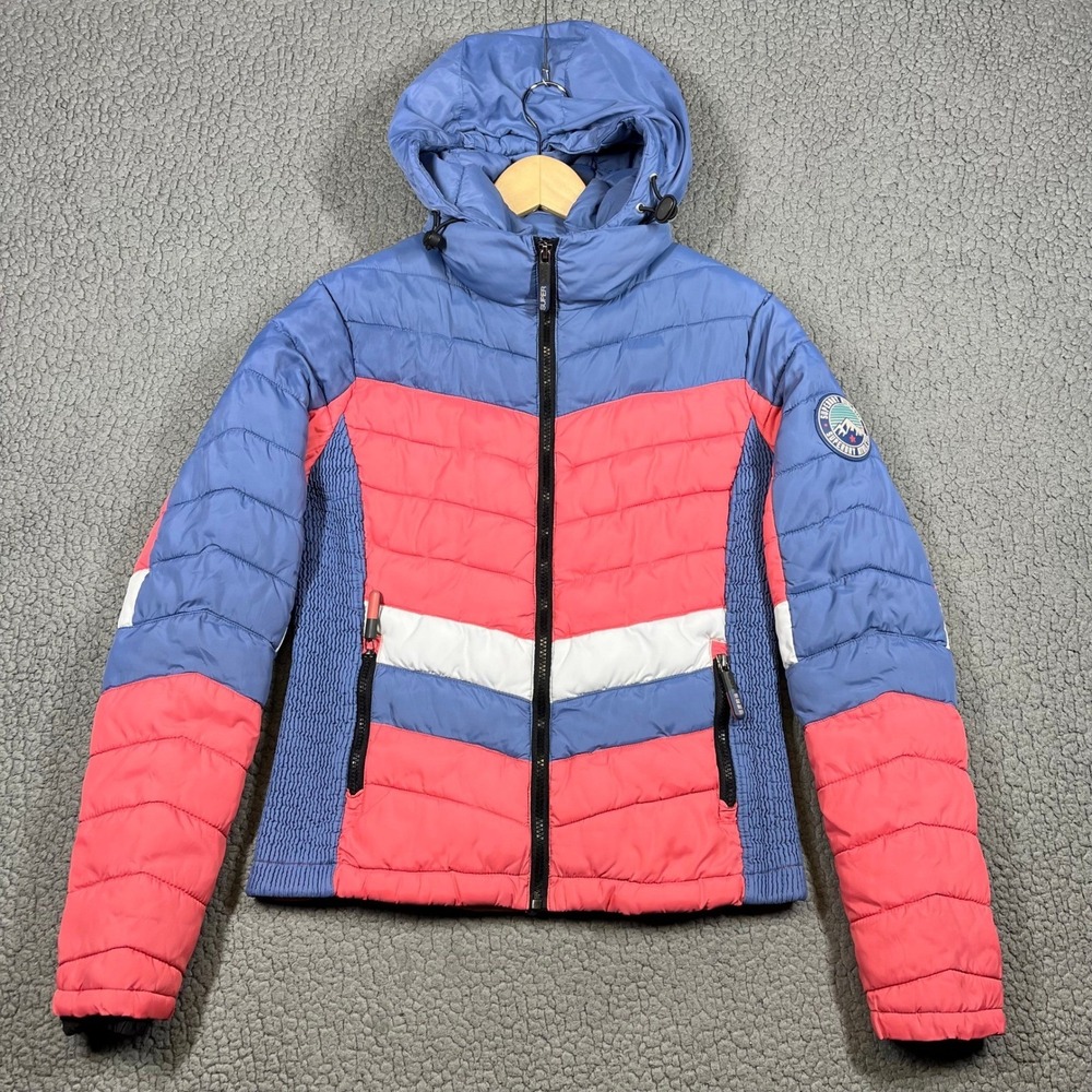Superdry Puffer Jacket Athletic Women Size M Chevron Fuji Hooded Ski Coat